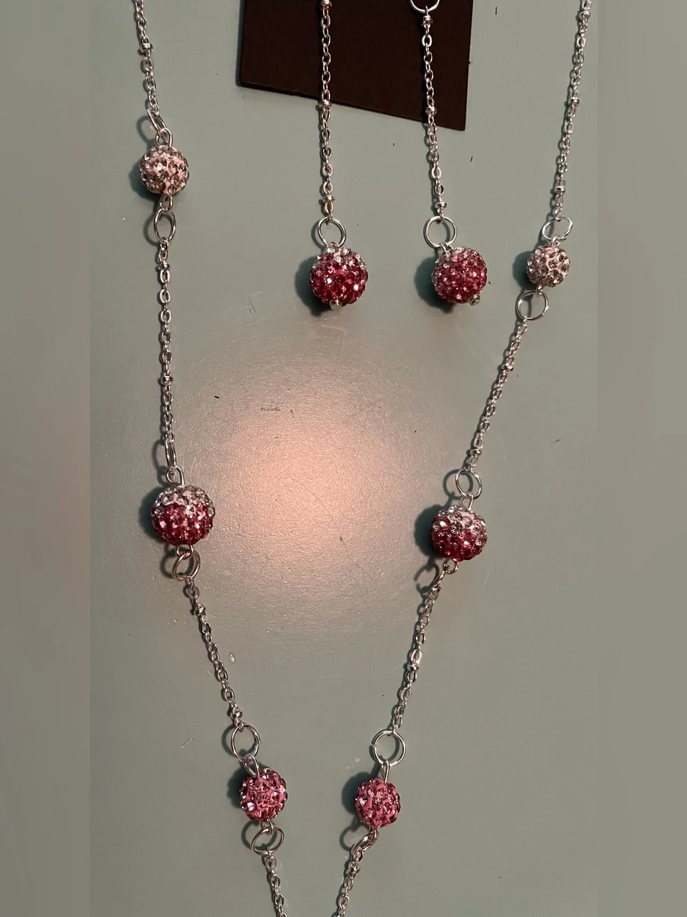 Hello Kitty Silver-Tone Pink Crystal Bead Long Necklace - Matching Drop Earrings